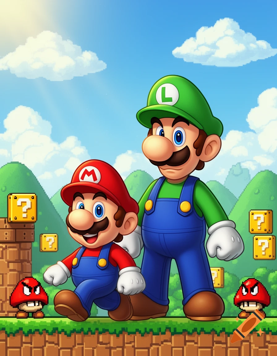 Cartoon Mario and Luigi characters walk through a vibrant Super Mario Bros. video game level with question blocks and Goombas.