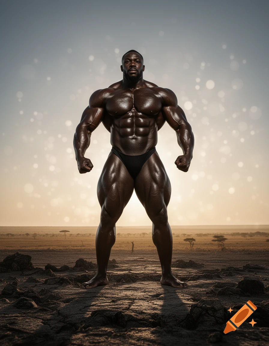 Photorealistic image of a highly muscular Black bodybuilder posing outdoors in a dry, open landscape under a bright sky.