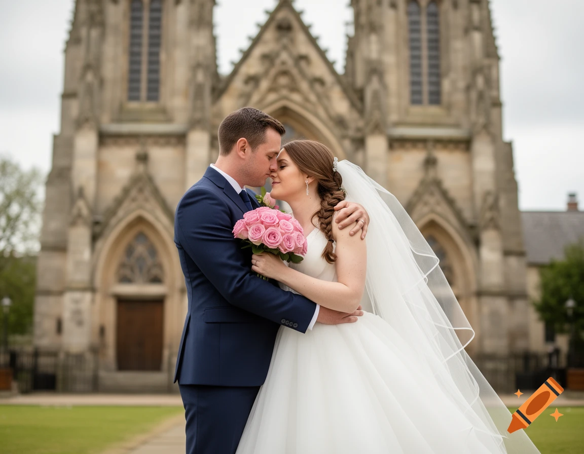 A bride and groom kissing in front of a large stone church. The bride holds a pink rose bouquet, and the groom embraces her.