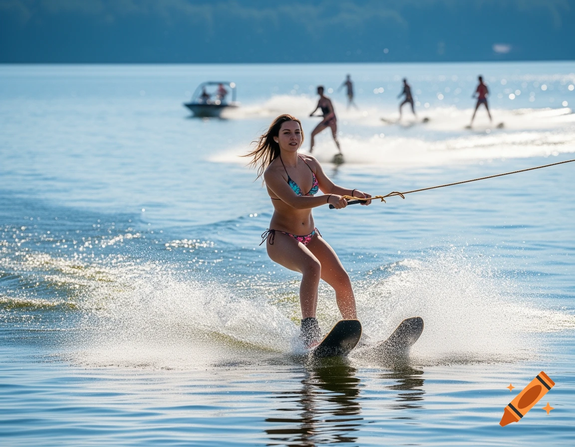 A woman waterskiing, holding a rope, creating a large splash on a sunny lake. Other waterskiers and a boat are in the background.