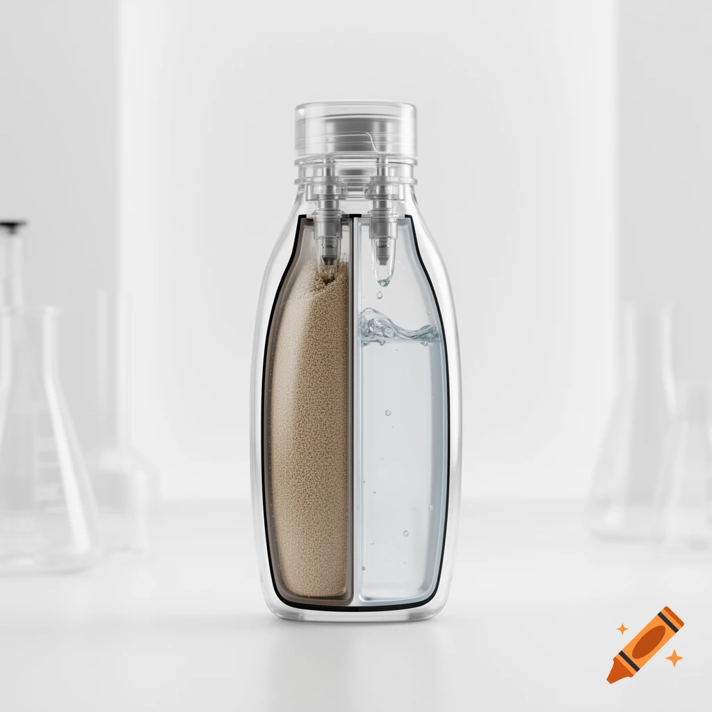 A transparent product bottle in a lab, cutaway view showing dry powder and clear liquid in two separate chambers.