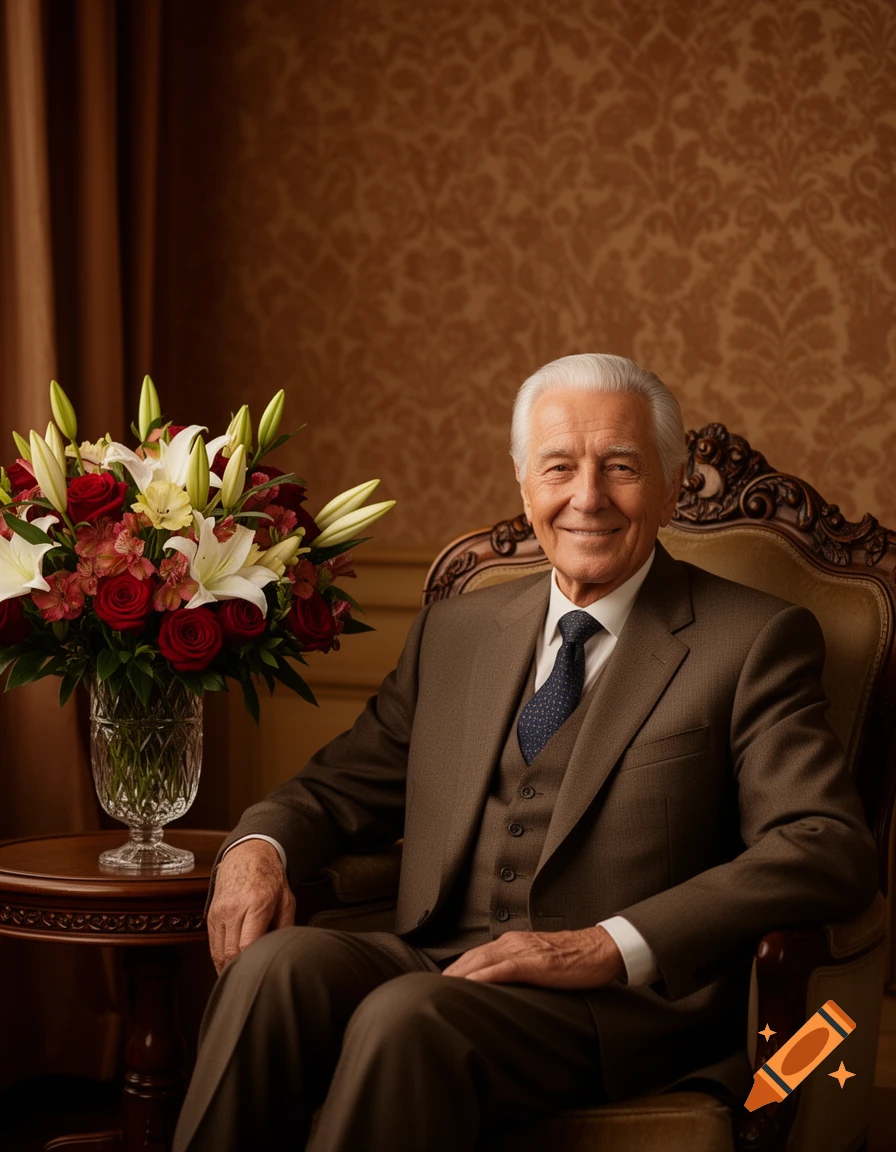 A smiling elderly man in a brown suit sits in an ornate chair next to a vase with red roses and white lilies, against a patterned brown background.