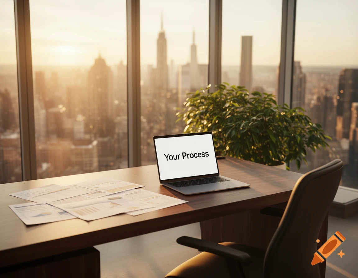 Office desk with a laptop displaying 'Your Process' and a cityscape view at sunset.