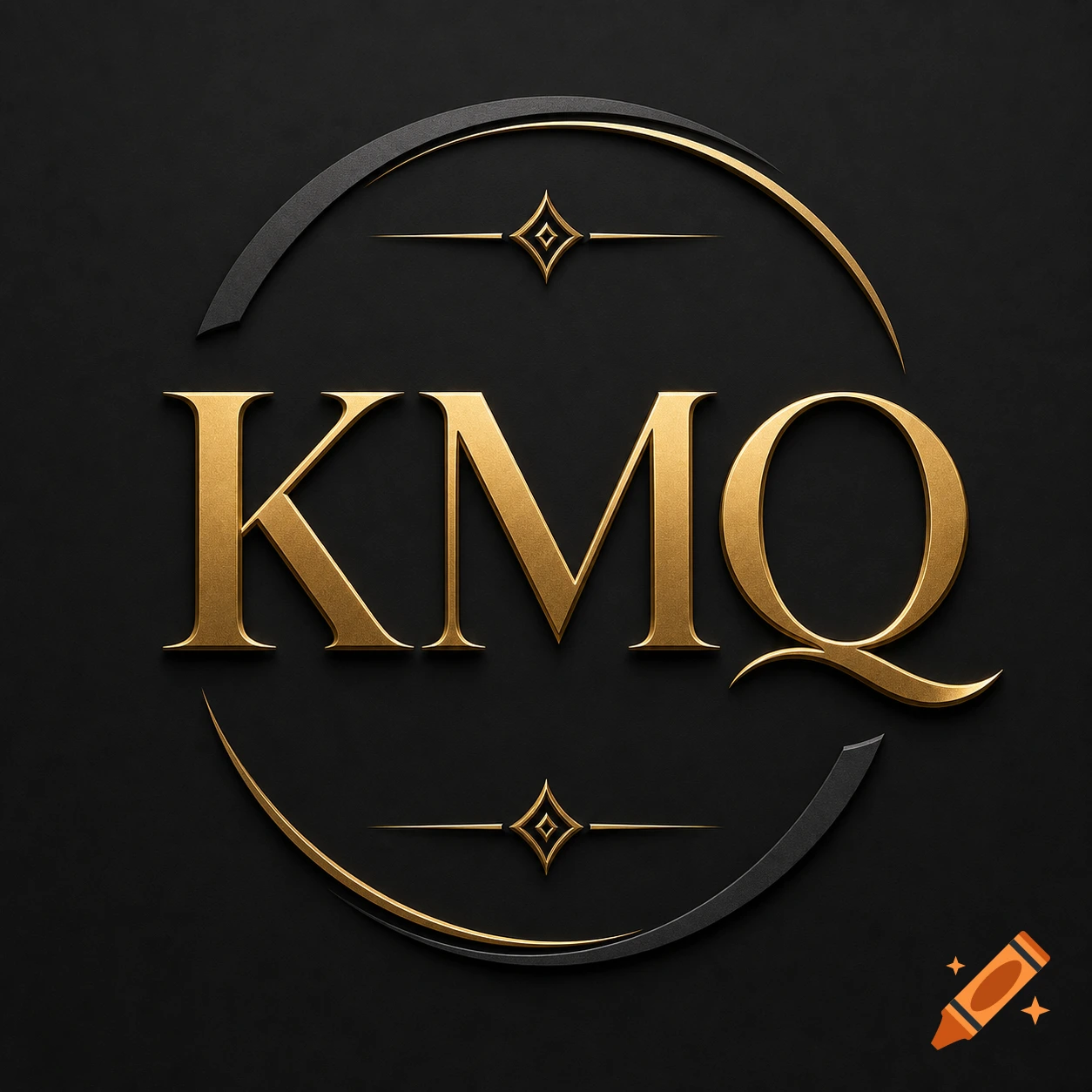 A luxurious gold 3D 'KMQ' logo with elegant serif fonts, framed by black and gold decorative arcs and starburst elements, all on a dark matte background.