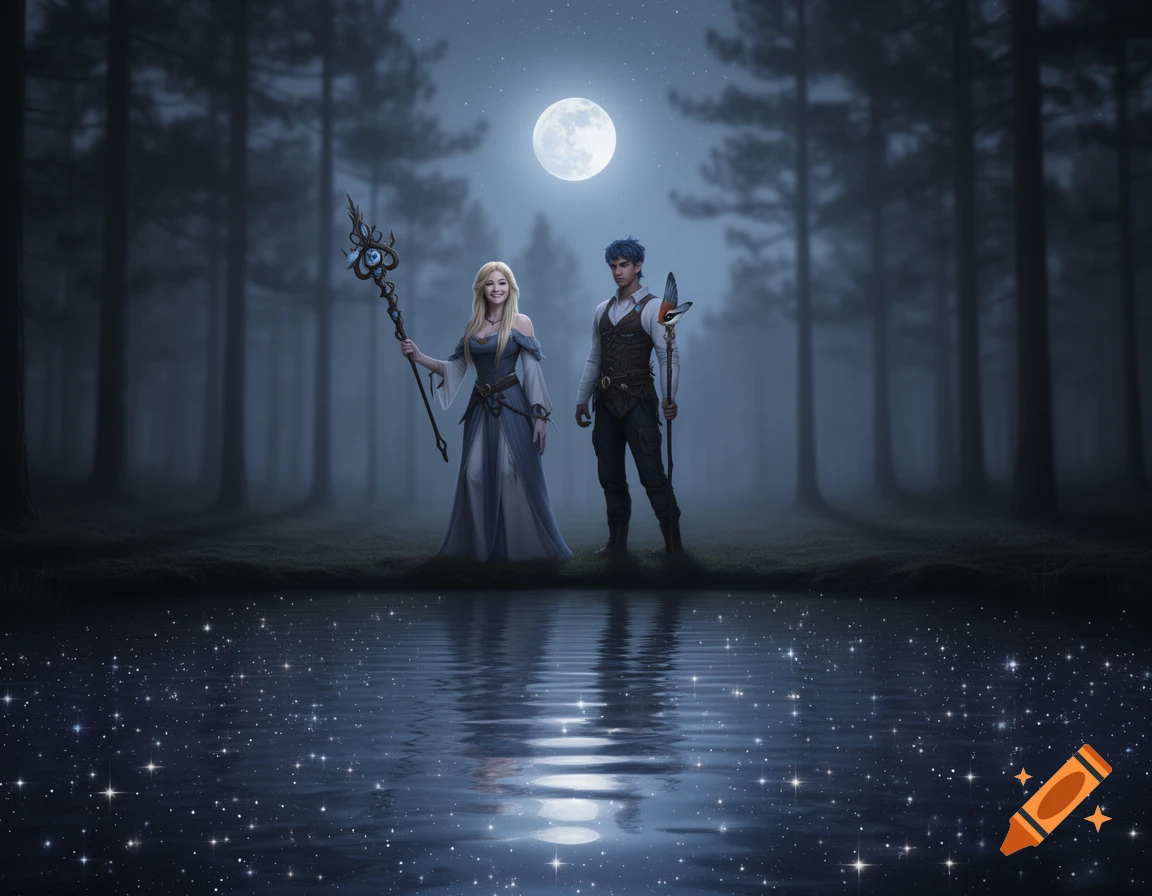Fantasy woman with staff and man stand in a misty forest under a full moon, reflected in starry water.