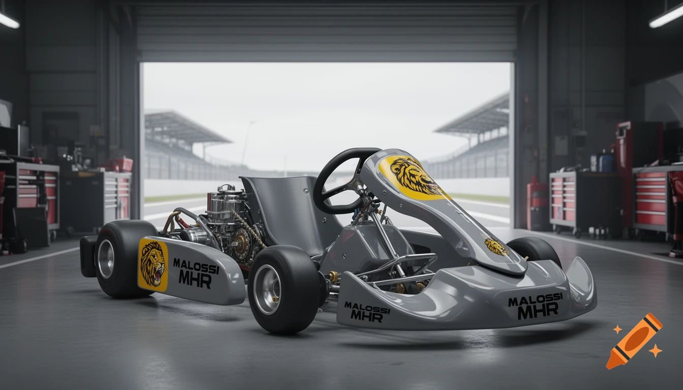Photorealistic 3D rendering of a Nardo Grey racing go-kart with 'MALOSSI MHR' decals, parked in a detailed racetrack garage.