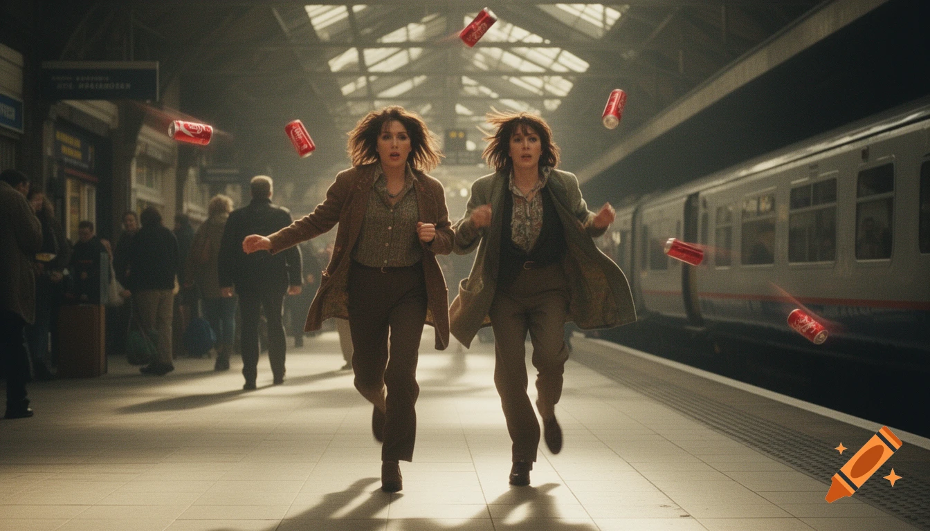 Two women, styled as a musical duo, run frantically down a moody, retro British railway station platform, dodging flying red soda cans. Cinematic style with motion blur on cans.