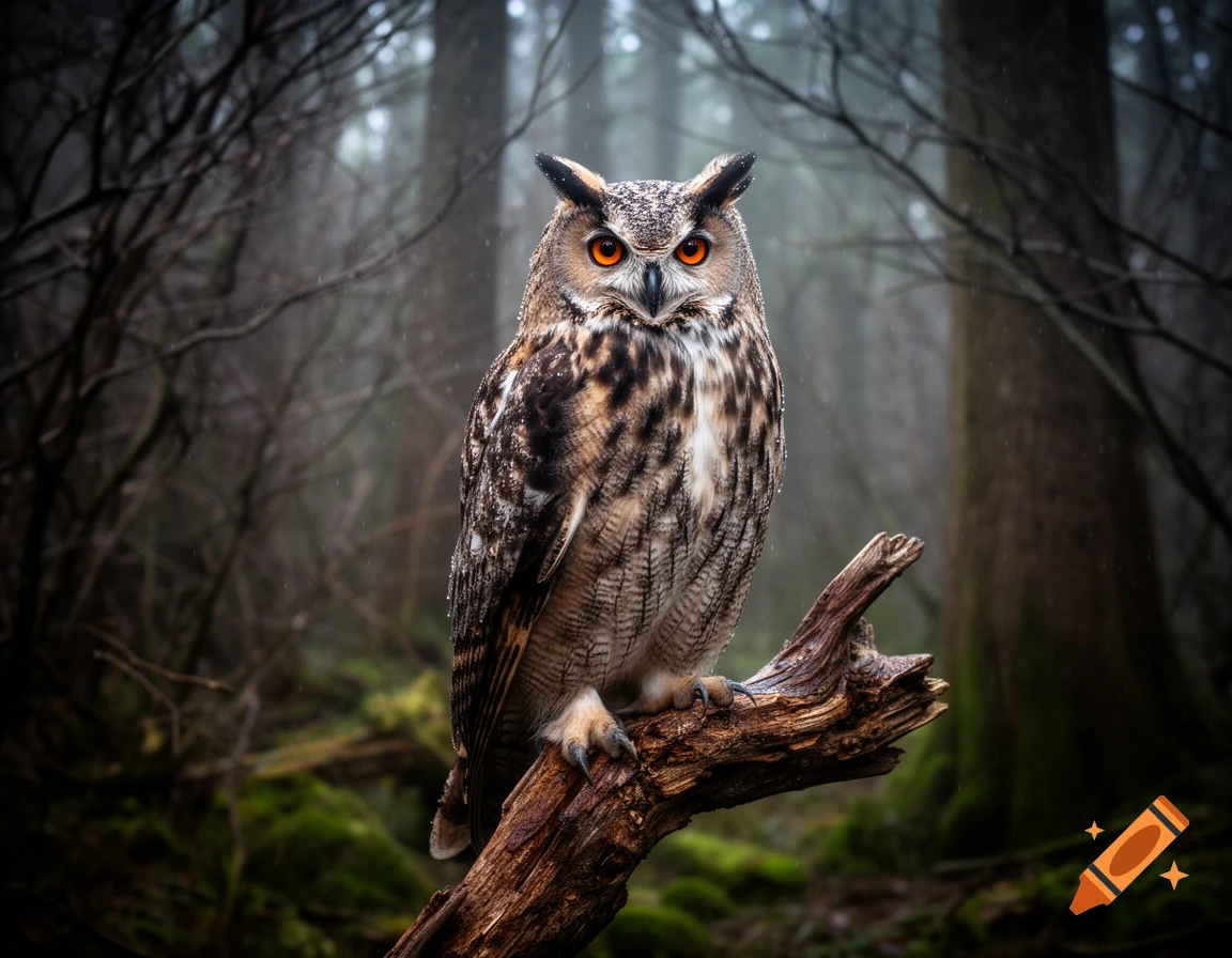 A photorealistic owl with bright orange eyes perches on a branch in a misty, dark forest.
