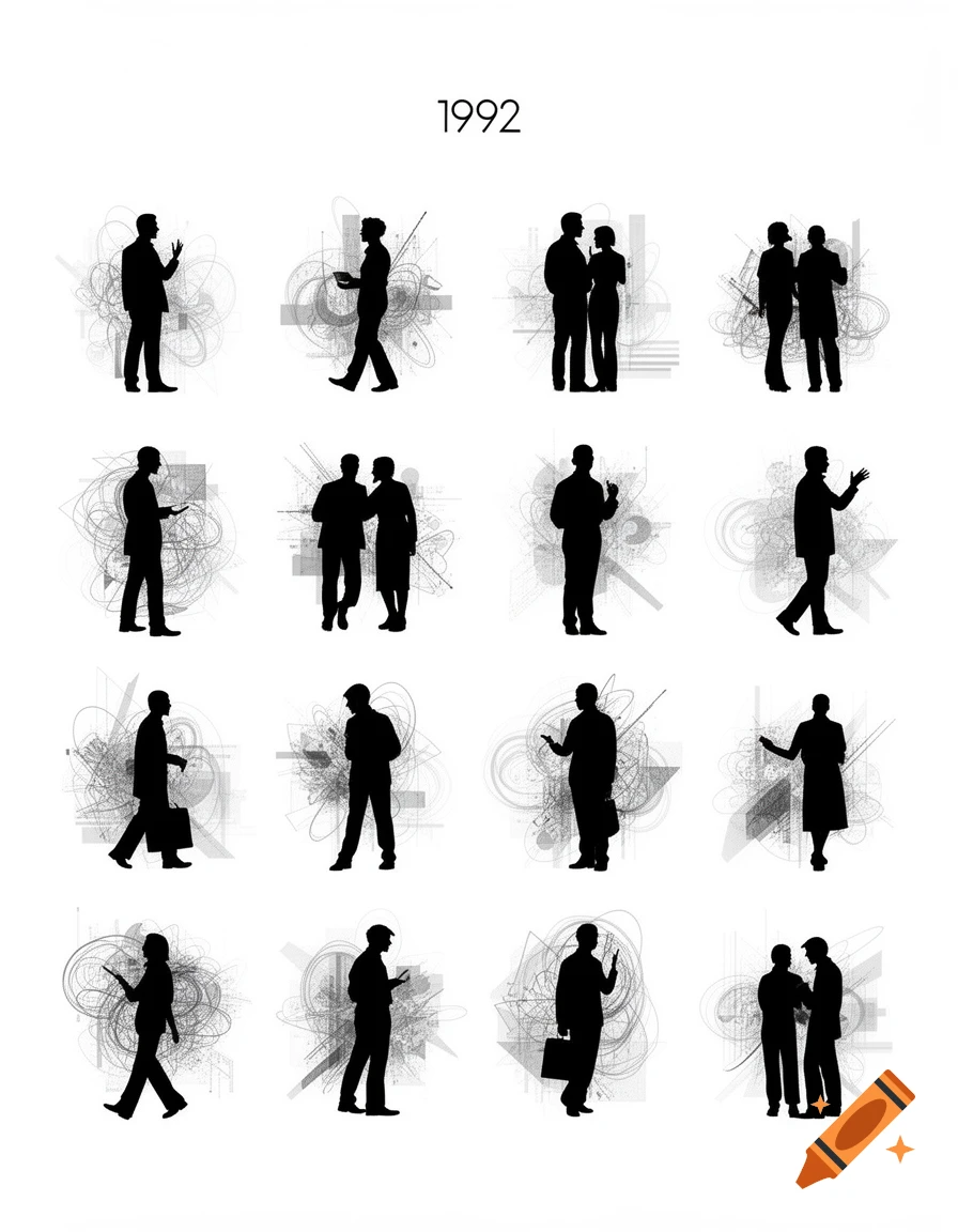Text '1992' above a grid of 16 black silhouettes of people standing and interacting, against abstract gray and white backgrounds.