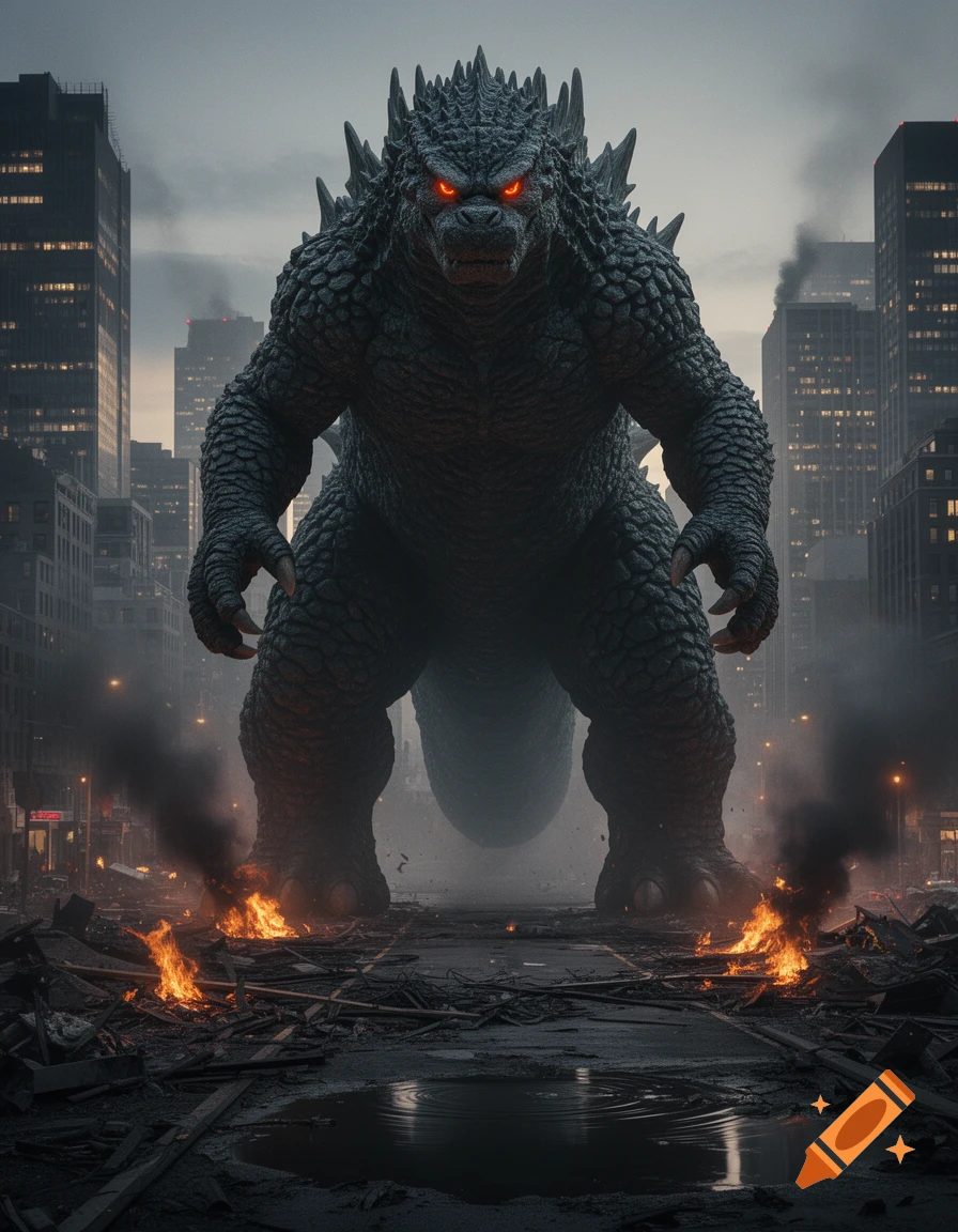 A giant Godzilla-like monster with glowing red eyes stands in a destroyed city street amidst fire and smoke under a gloomy sky.