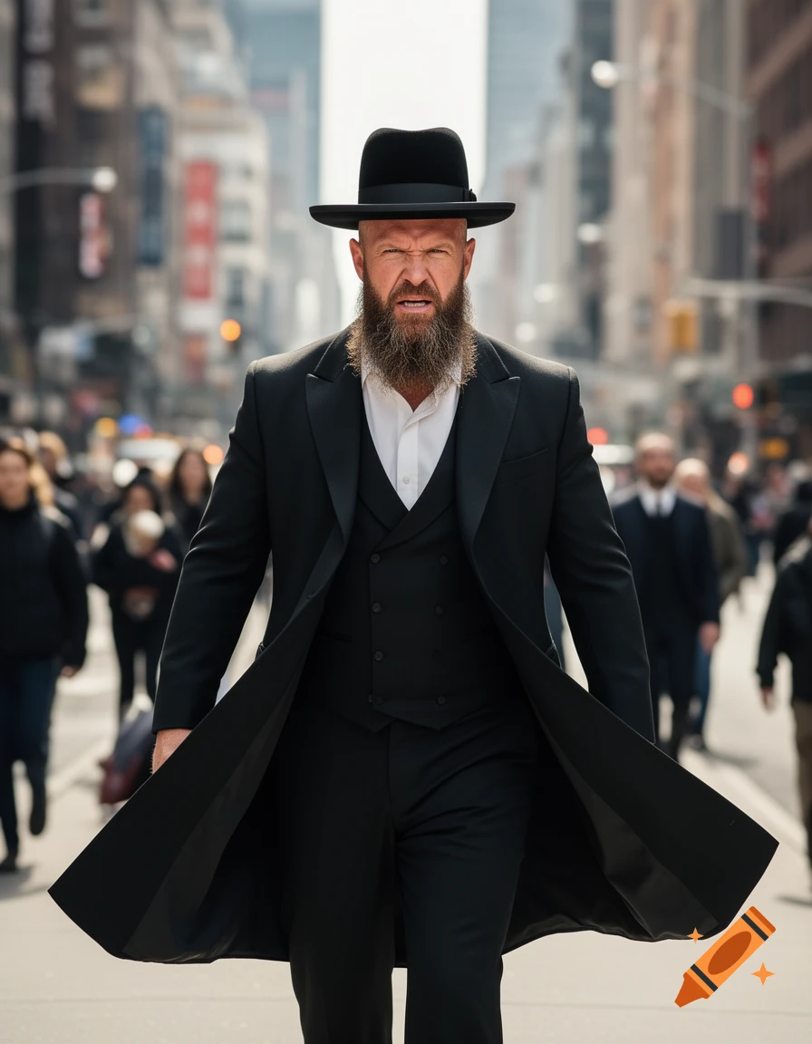 A bearded man in a black suit and hat walks on a city street with an intense expression.