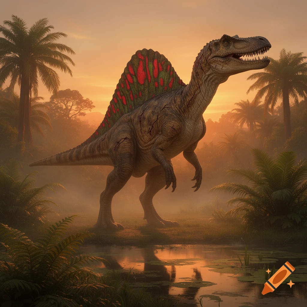 A majestic Spinosaurus dinosaur with a red and green sail stands in a misty jungle at sunset, reflected in a still pond.