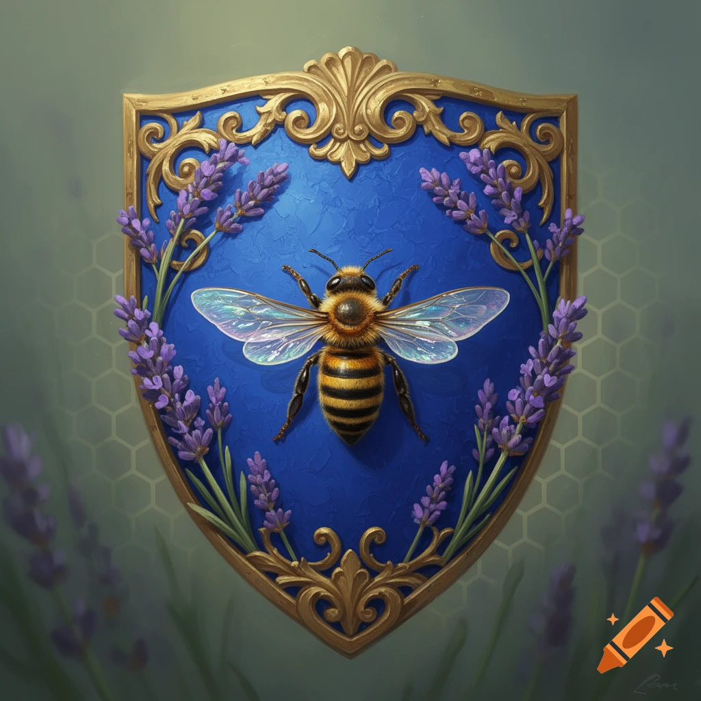 A detailed illustration of a bee with iridescent wings on a royal blue shield adorned with golden filigree and purple lavender sprigs.