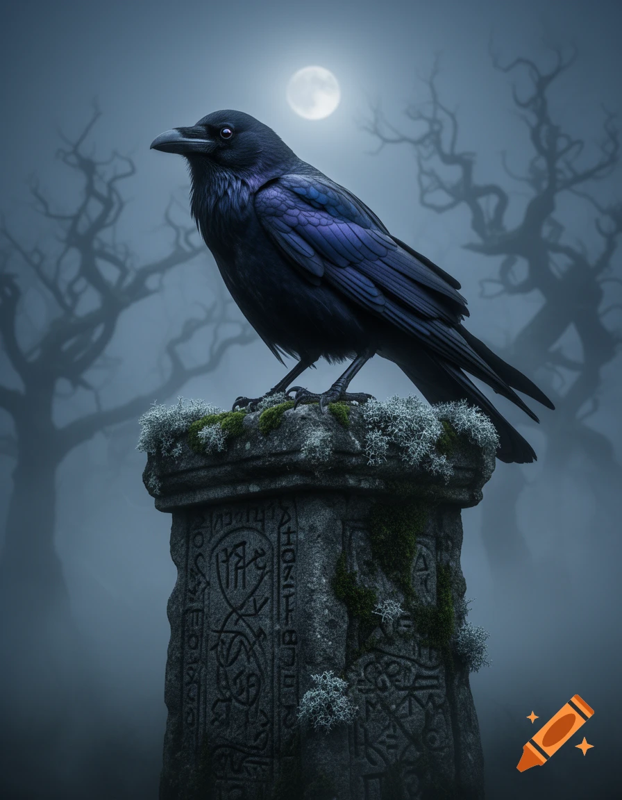 A black crow with iridescent purple feathers sits atop a moss-covered stone pillar with carved runes under a full moon in a foggy, dark forest.