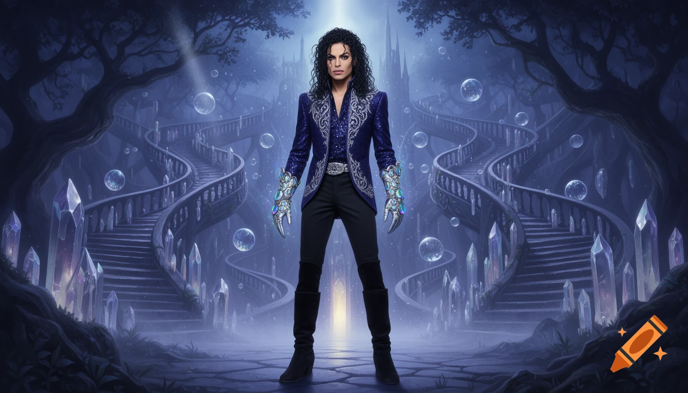 Michael Jackson as the Goblin King, in a sparkling blue suit and clawed gloves, stands in an ethereal realm with winding stairs and glowing crystals.