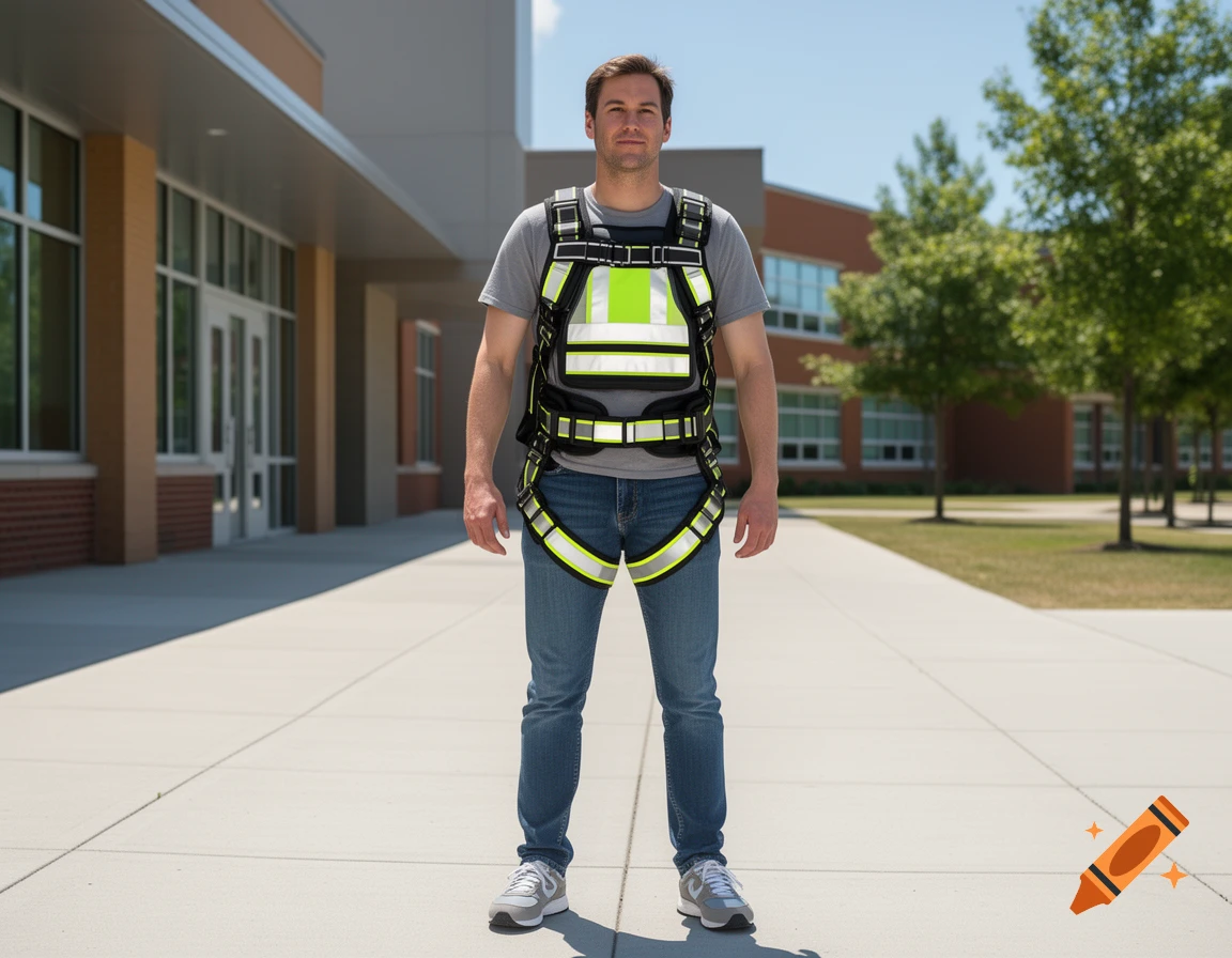 Photorealistic image of a man wearing a black and neon yellow safety harness, standing on a walkway outside a school building.