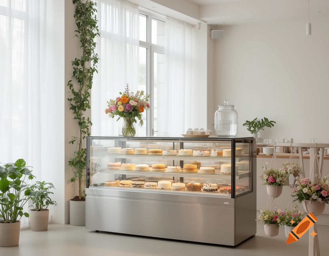 Bright, modern cafe interior with a glass display case full of cakes, potted plants, and floral bouquets, in a Scandinavian style.