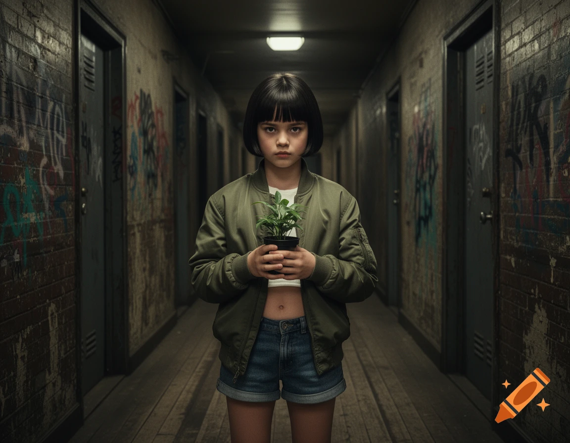 A serious-looking girl with a bob haircut holds a potted plant in a dimly lit, graffiti-covered hallway.