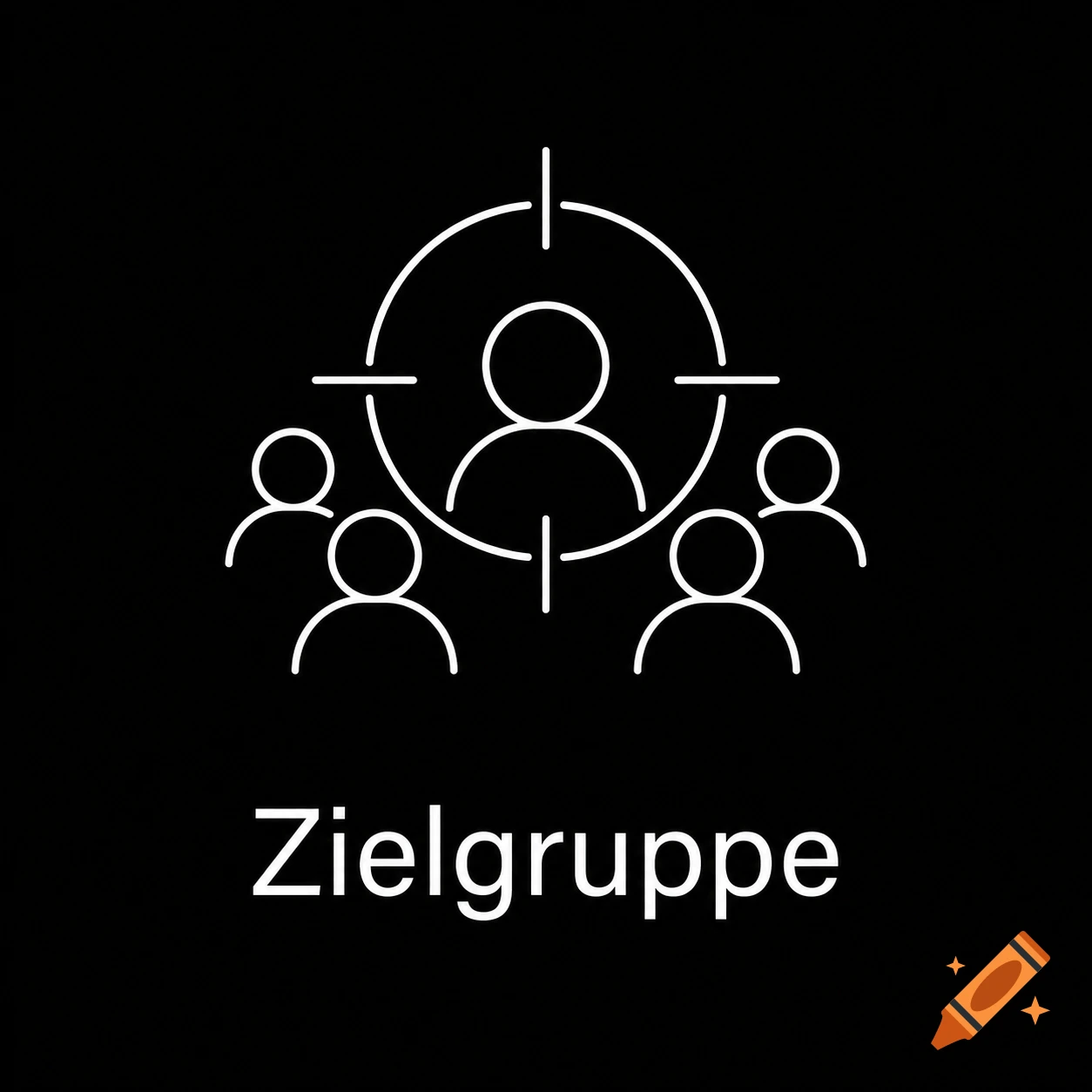Minimalist white line icon on a black background showing five person outlines, one central person in a target symbol, with "Zielgruppe" below.