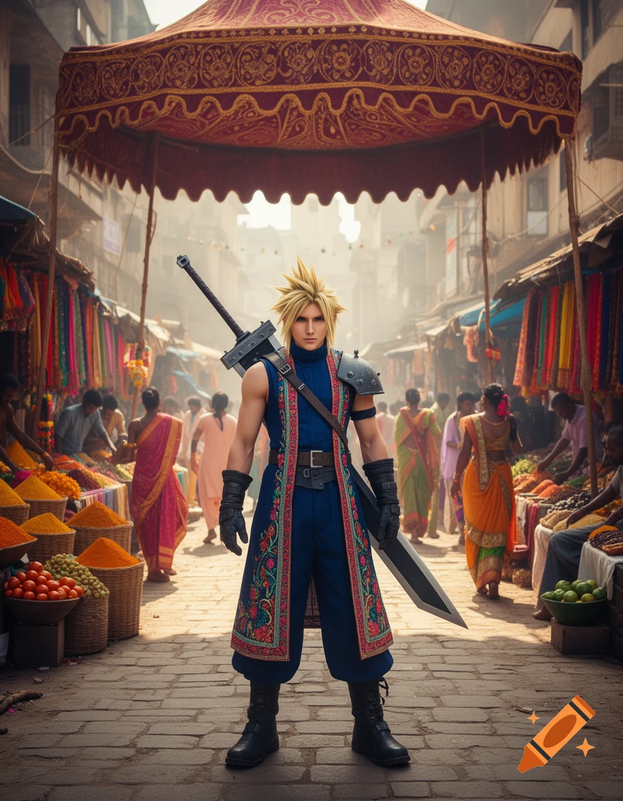 Cloud Strife stands in a vibrant Indian marketplace, wearing an embroidered blue tunic and holding his large sword.