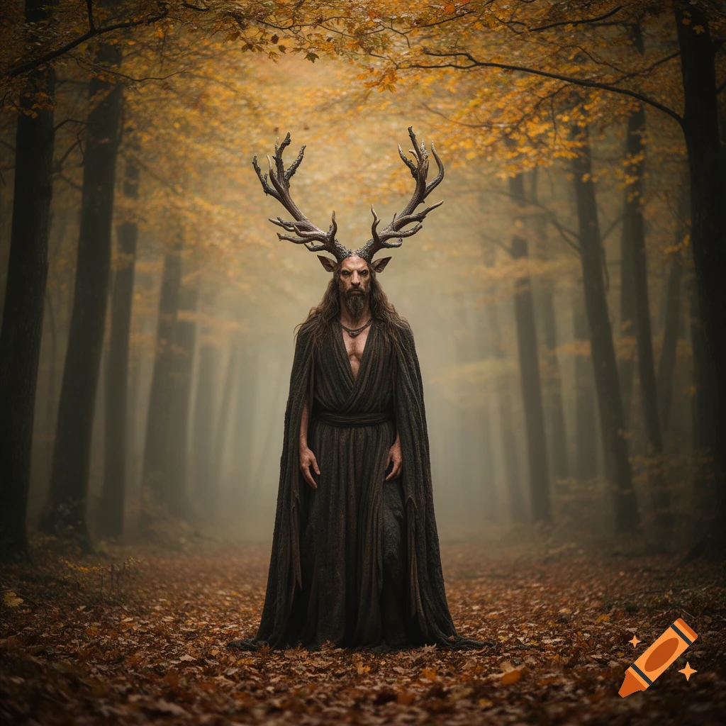 A bearded man with large antlers and a long dark robe stands in a misty autumn forest filled with fallen leaves.