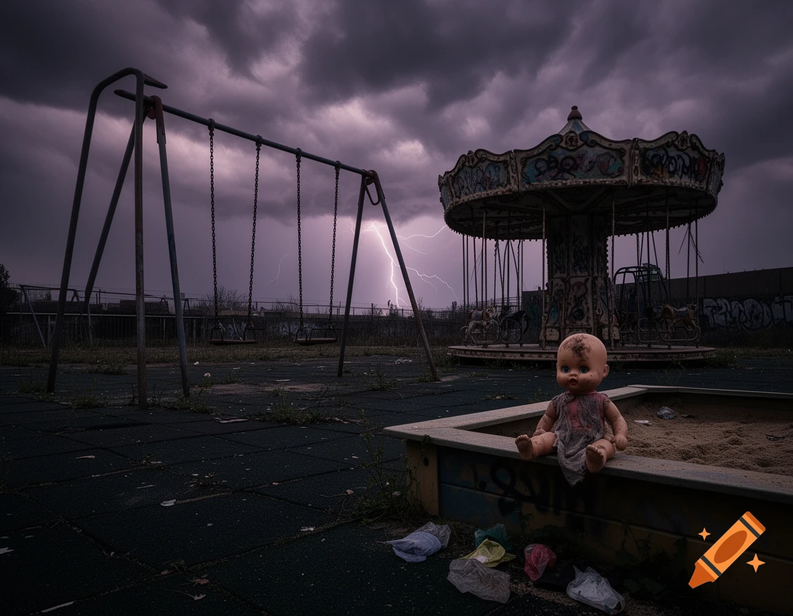 A creepy doll sits in an abandoned sandbox with a swing set and rusty carousel under a stormy sky with lightning.