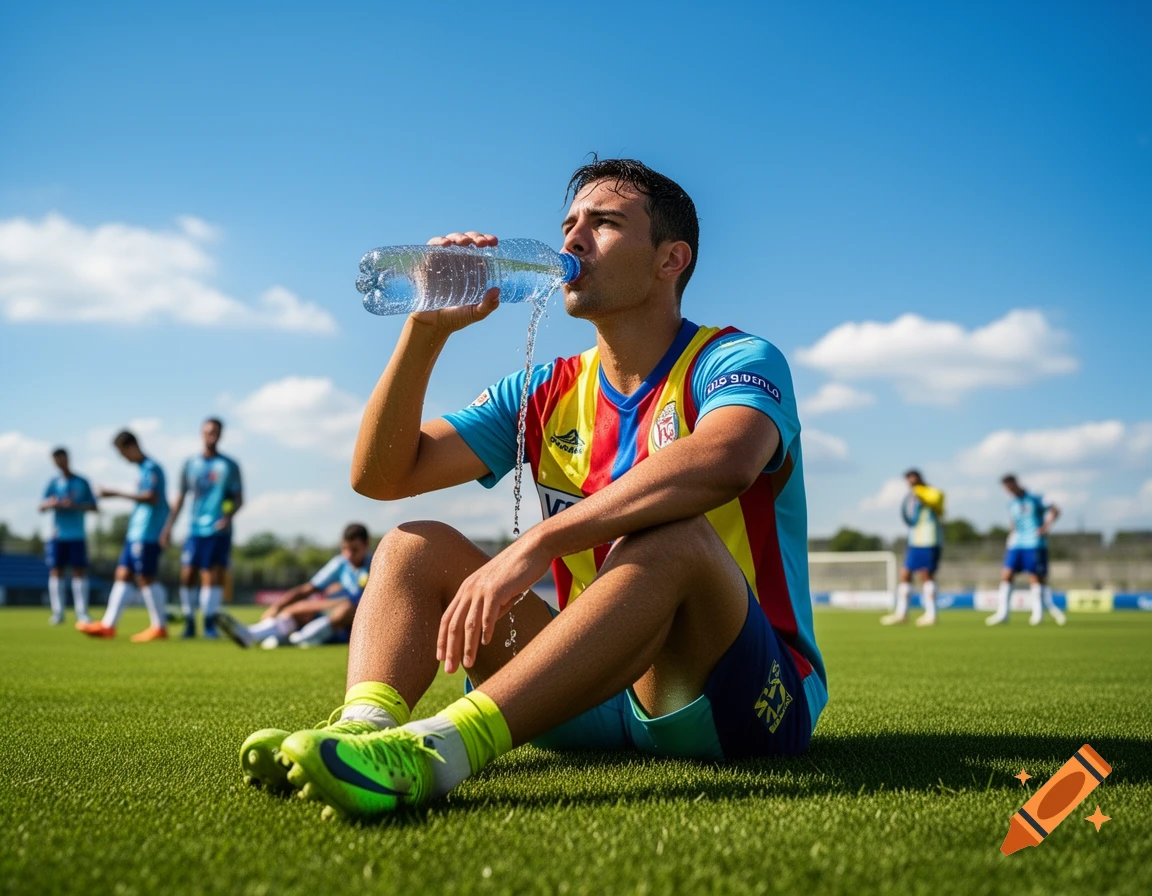 A thirsty soccer player in a colorful jersey sits on the grass, pouring water from a bottle onto his face and chest under a clear blue sky.