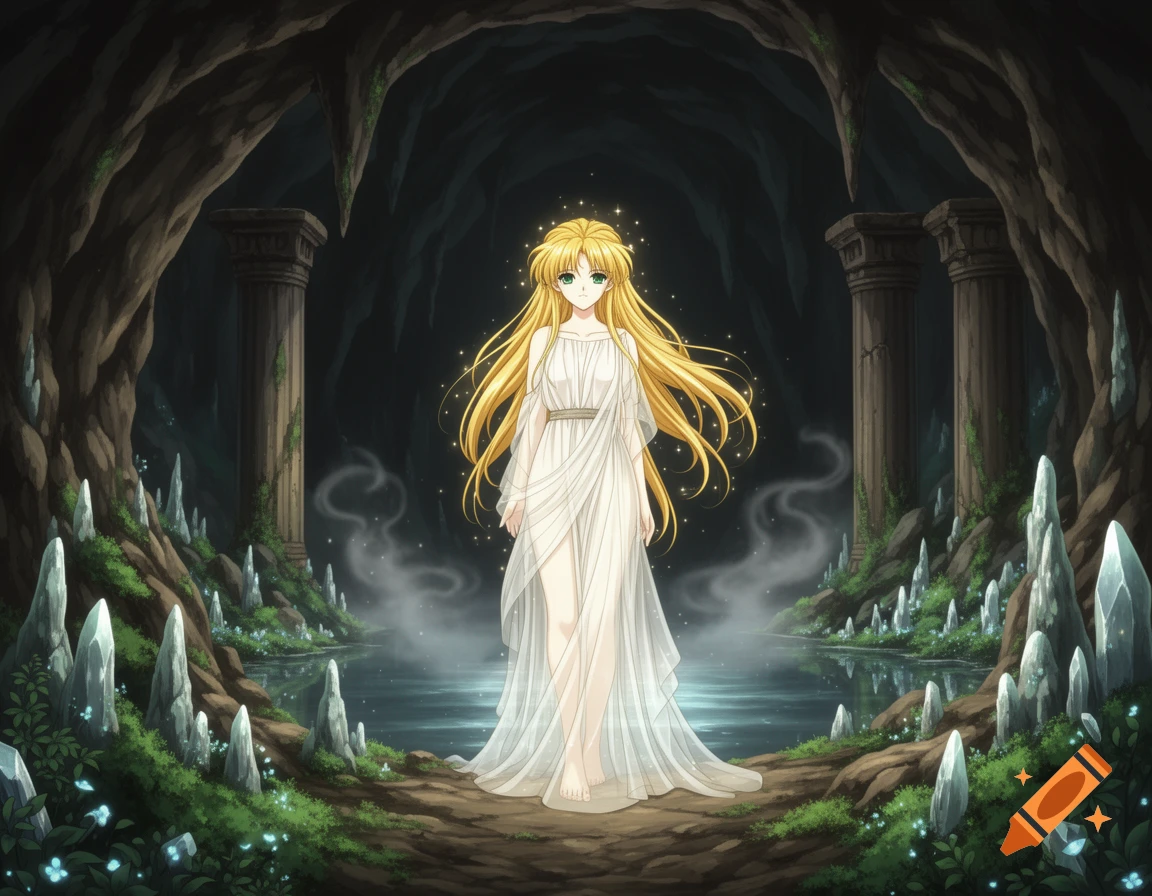 Anime-style blonde nymph in a flowing white dress standing in a magical cave with glowing crystals and ancient columns.