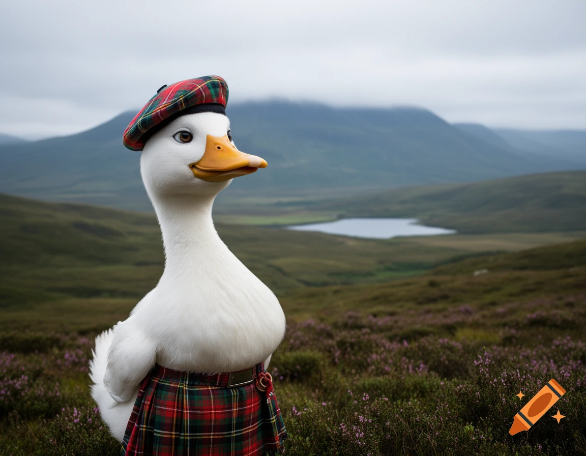 A white duck wears a red tartan kilt and matching beret, standing in a field of heather with mountains and a loch in the misty background.