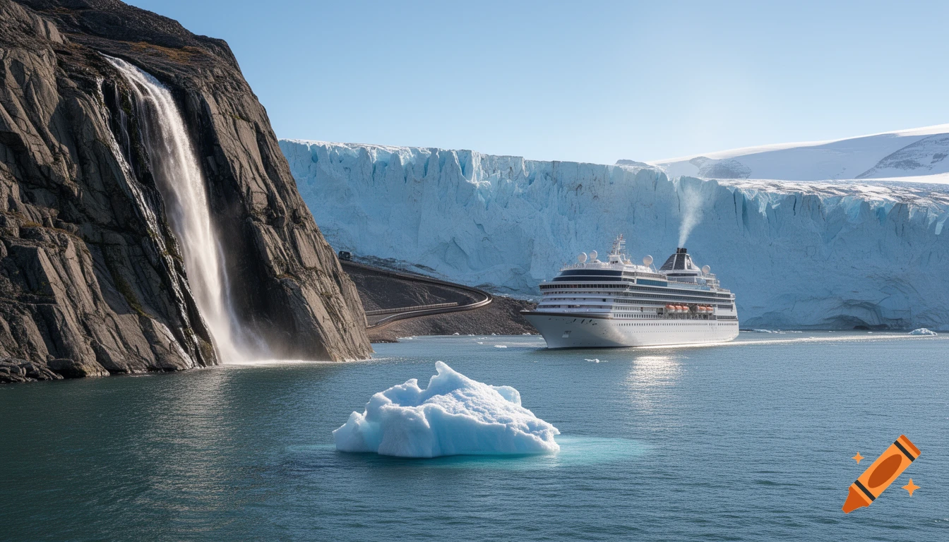 A white cruise ship sails through calm blue water past a towering glacier, a rocky cliff with a waterfall, and a small iceberg.