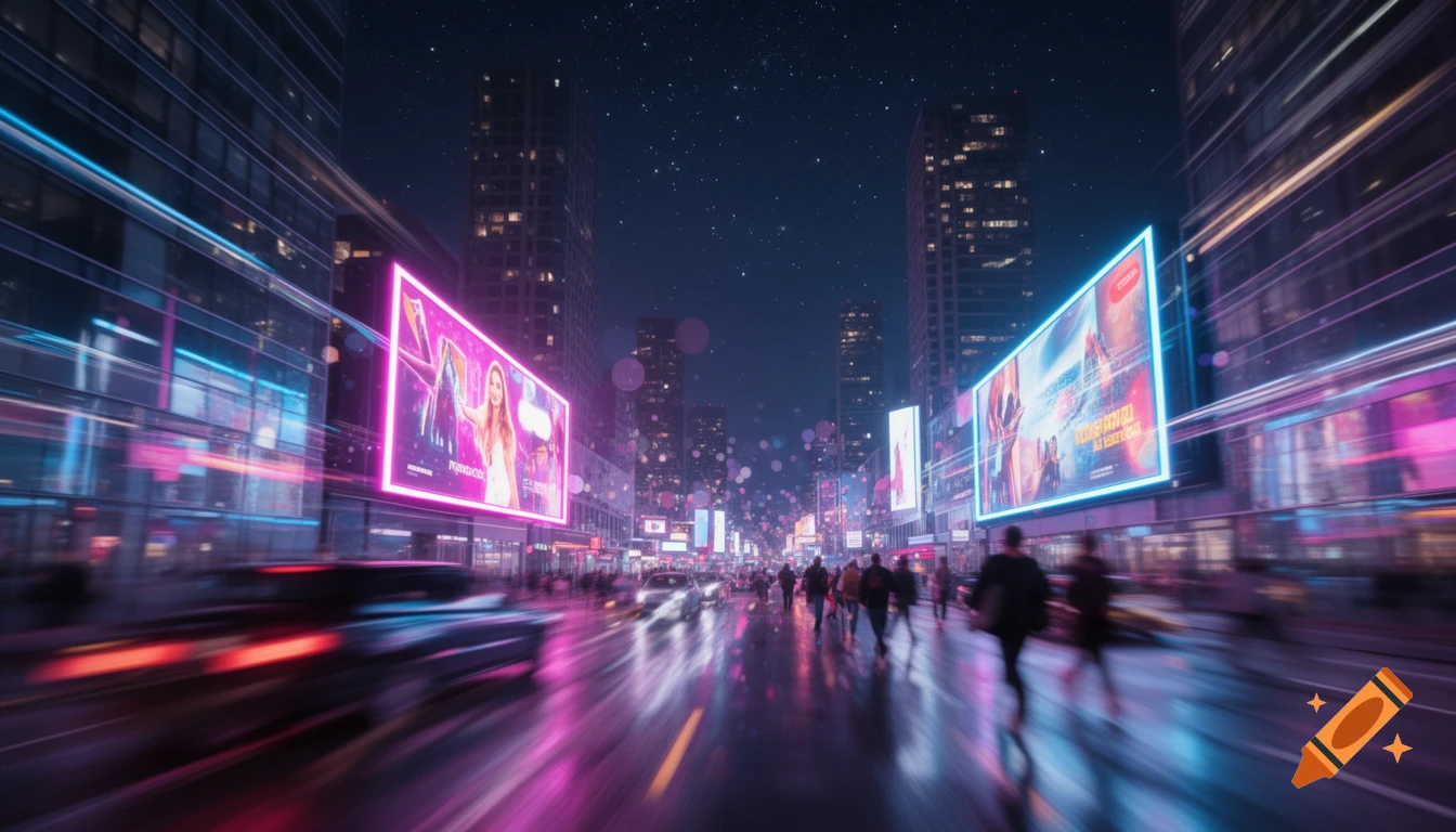 A neon-lit futuristic city street at night with blurred cars and pedestrians, glowing billboards, and skyscrapers.