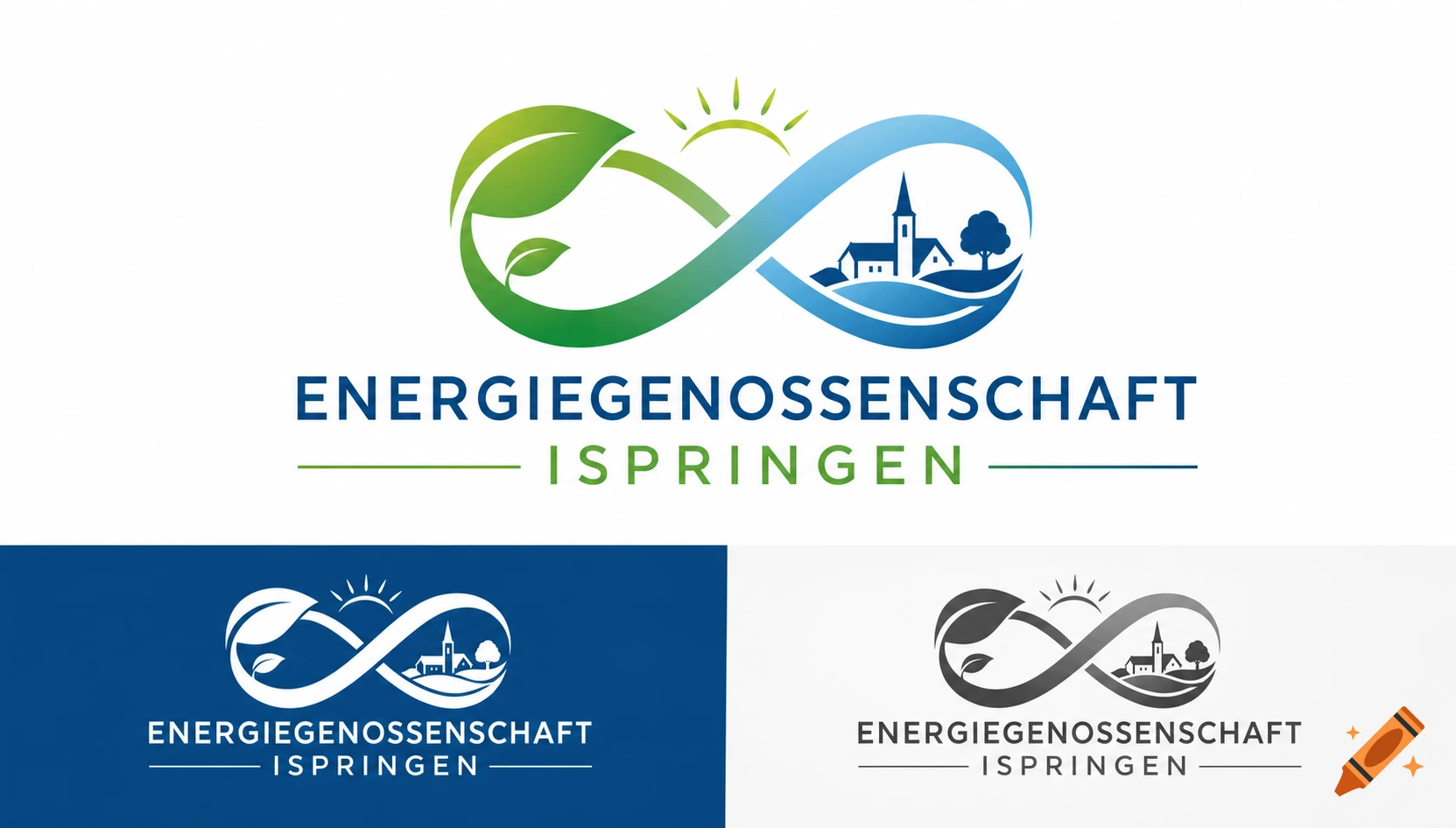 Three variations of the 'Energiegenossenschaft Ispringen' logo. The main logo features an infinity symbol combining green leaves and a blue village scene with a sun. Below are two monochrome versions, one white on blue, one gray.