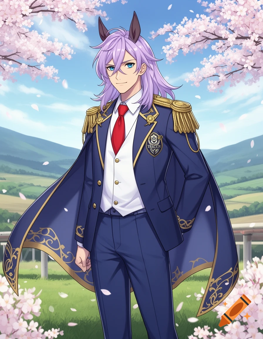 Anime male character with purple hair and horse ears in a blue uniform with gold trim and a red tie, stands under cherry blossoms.