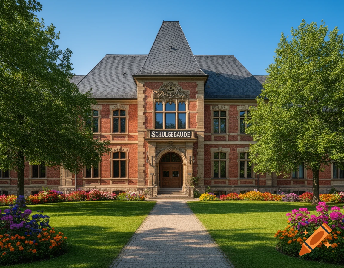 A stately red-brick school building with a dark roof, surrounded by a lush green lawn, colorful flowers, and tall trees.