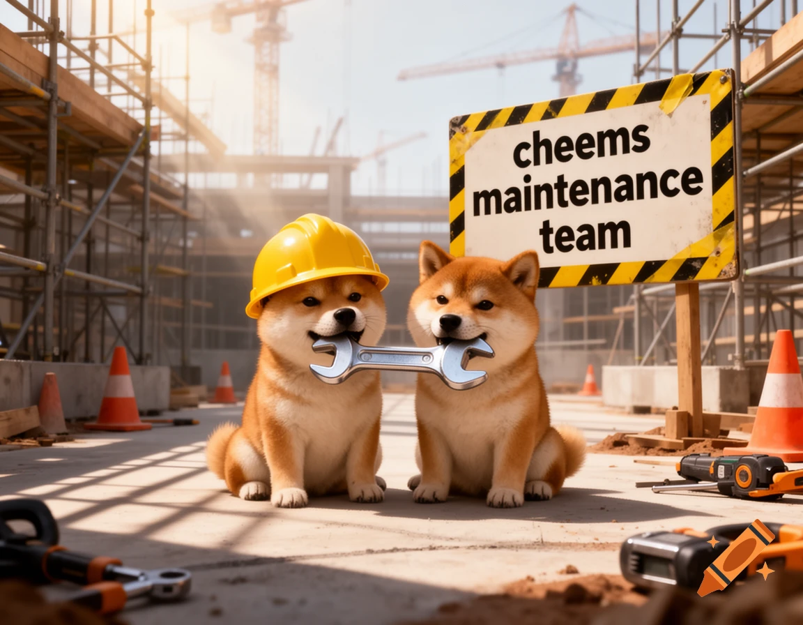 Two Shiba Inus with hard hats and wrenches at a construction site, with a 'cheems maintenance team' sign.