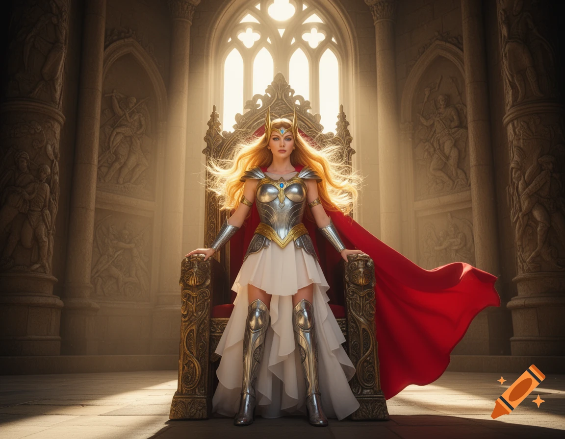 A realistic She-Ra, a blonde woman in silver armor, white dress, and red cape, sits on an ornate throne in a grand, sunlit gothic hall.