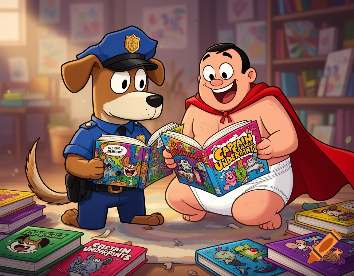 A cartoon dog in a police uniform and Captain Underpants sit on a rug, reading books in a cozy library setting.