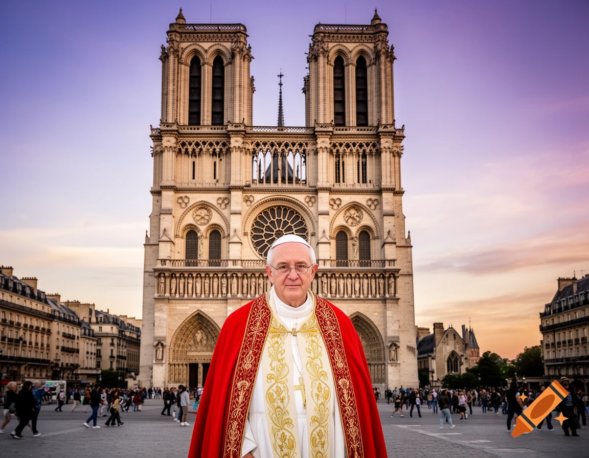 Pope Francis stands in front of Notre Dame Cathedral in Paris at sunset.
