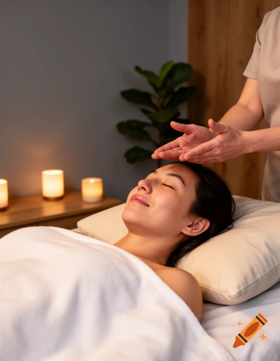 A woman relaxes on a massage table while another person performs reiki with hands hovering over her head in a dimly lit room with candles.