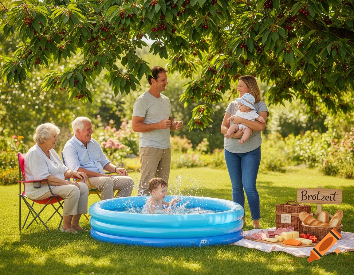 A multi-generational family has a picnic in a sunny garden under a cherry tree. A toddler splashes in a paddling pool.
