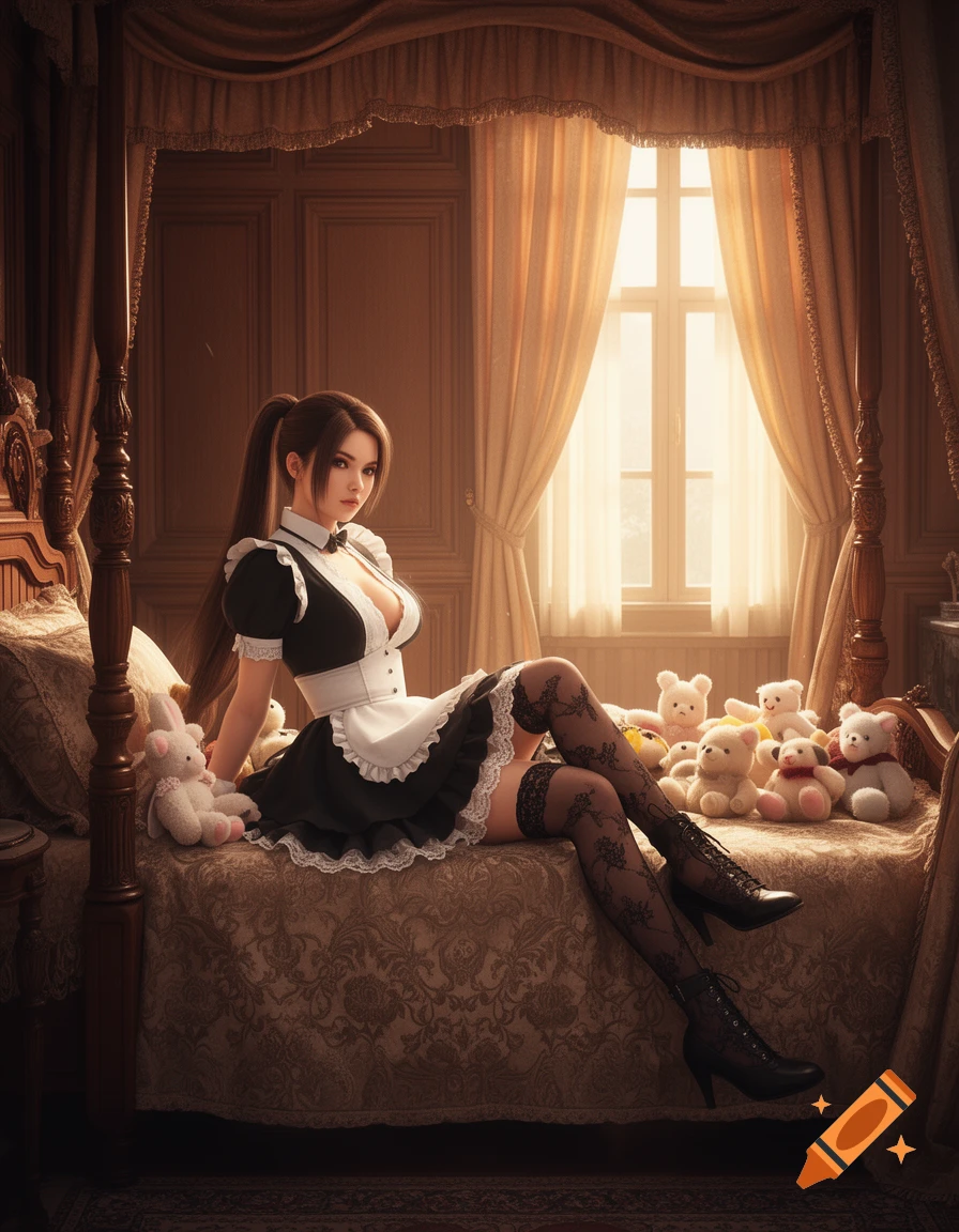 A woman in a maid outfit with lace stockings sits on a four-poster bed in a Victorian room, surrounded by plush toys.