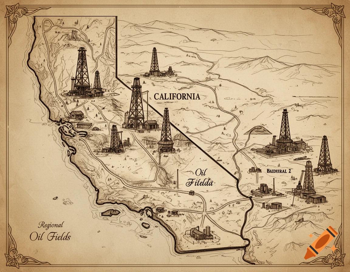 A vintage hand-drawn sepia map of California showing regional oil fields with numerous derricks and industrial facilities.