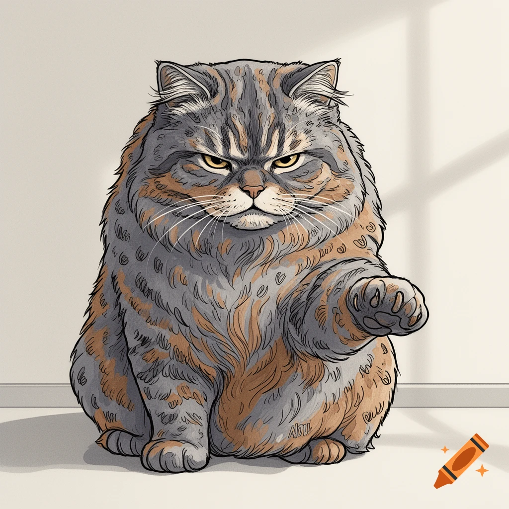 A grumpy, fluffy gray and orange cat illustration extending one paw forward.