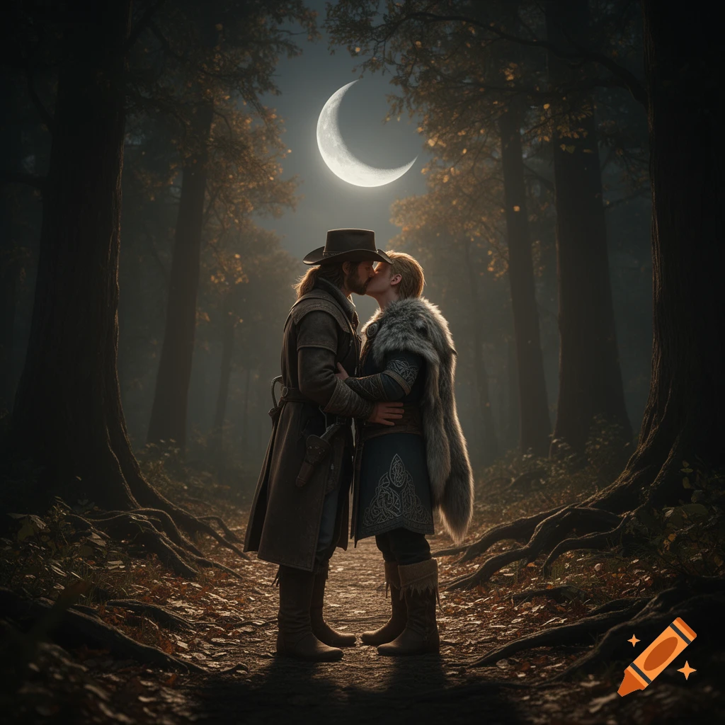 Two figures in fantasy attire share a kiss under a crescent moon in a dark, rooted forest. Photorealistic style.