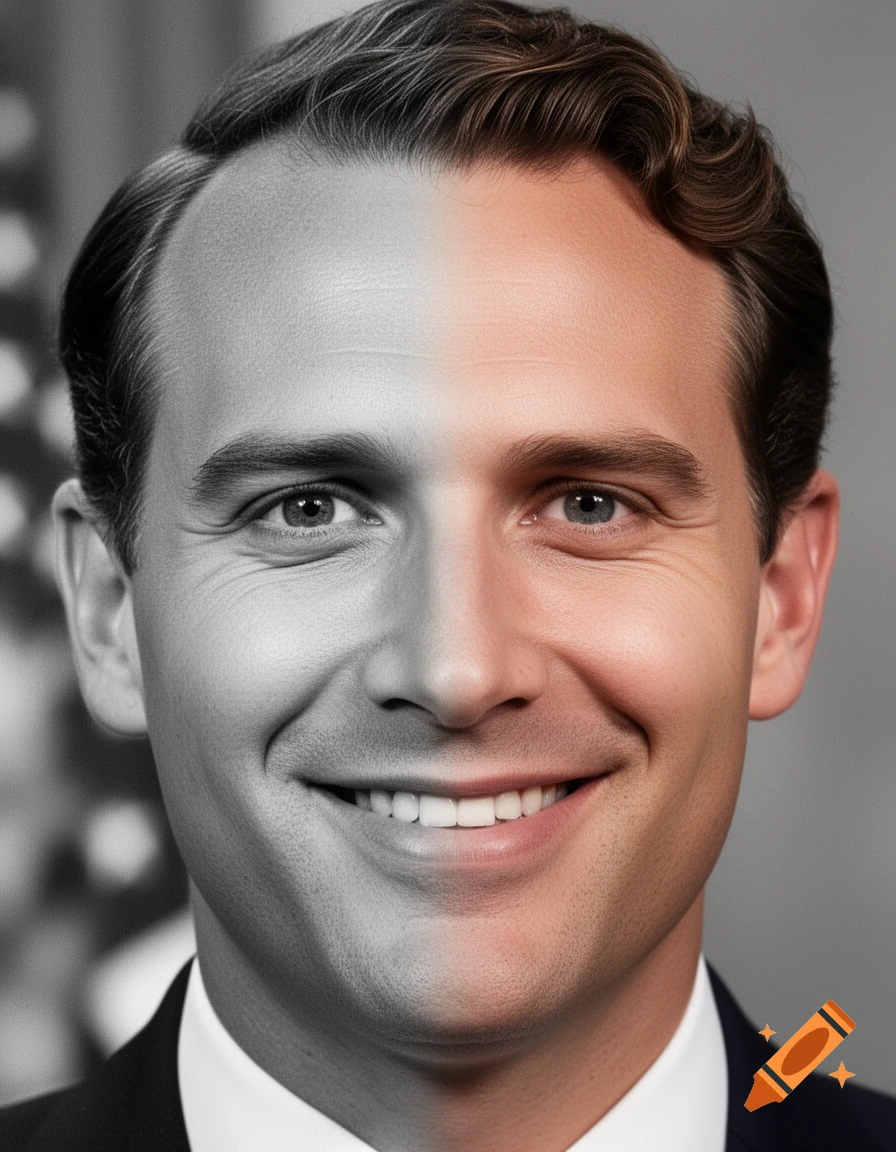 Close-up portrait of a man's face, split vertically with the left half grayscale and the right half in color, depicting a morph.