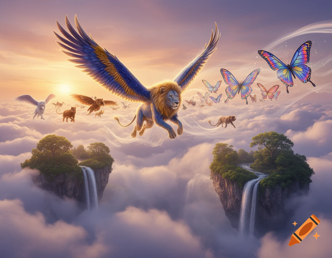 A vibrant fantasy scene of a winged lion and other animals flying over floating islands with waterfalls in a cloudy sunset sky.