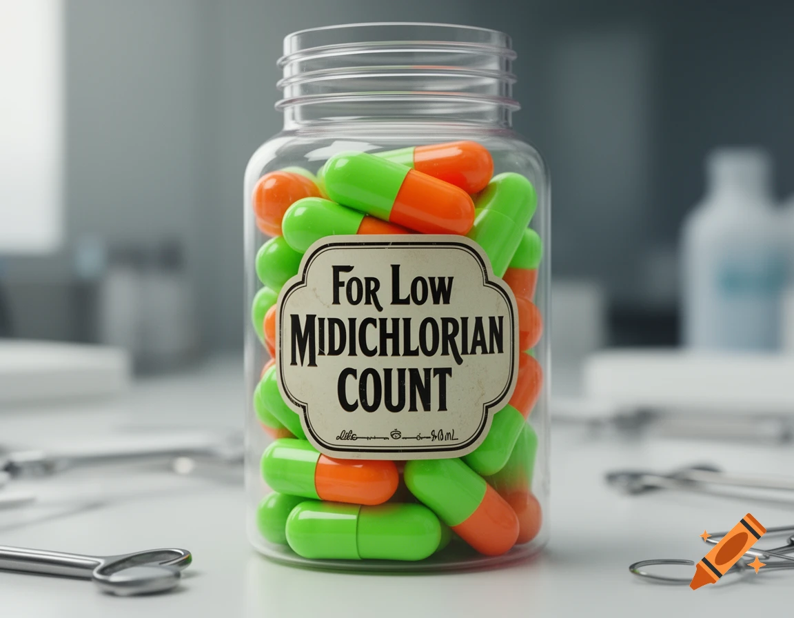 A clear pill bottle filled with green and orange capsules, labeled 'For Low MIDICHLORIAN COUNT', sits on a table surrounded by medical tools in a laboratory setting.