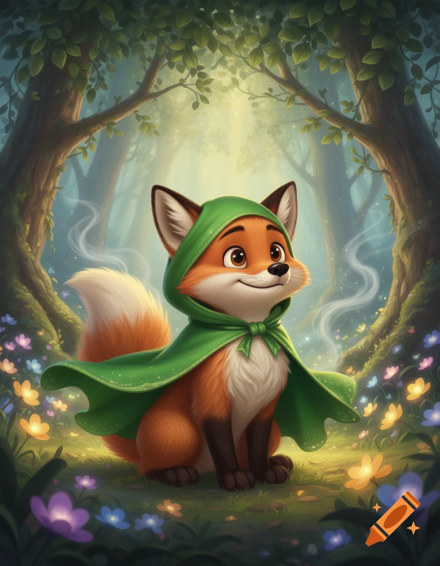 Cute Disney-style cartoon fox in a green cape and hood, sitting in a magical forest with glowing colorful flowers.