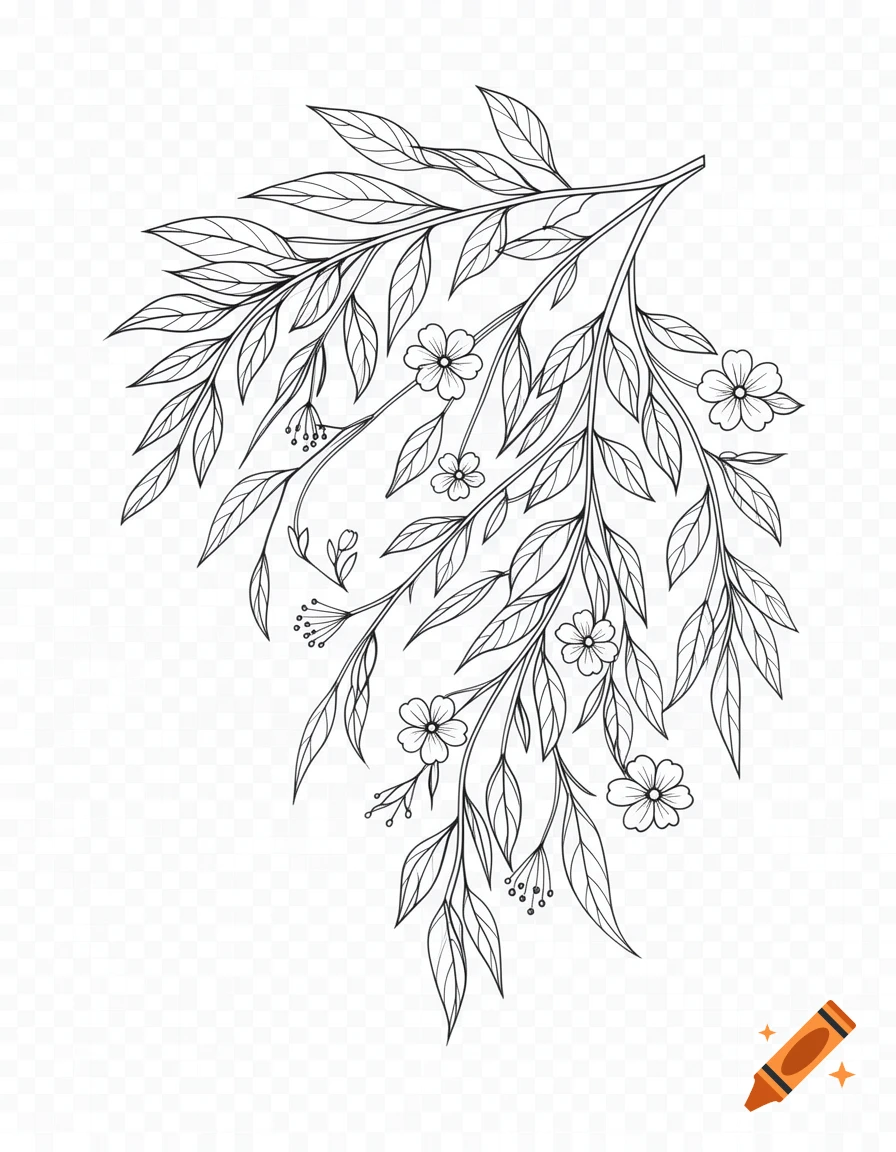 Outline drawing of a botanical branch with leaves and small flowers on a transparent background.