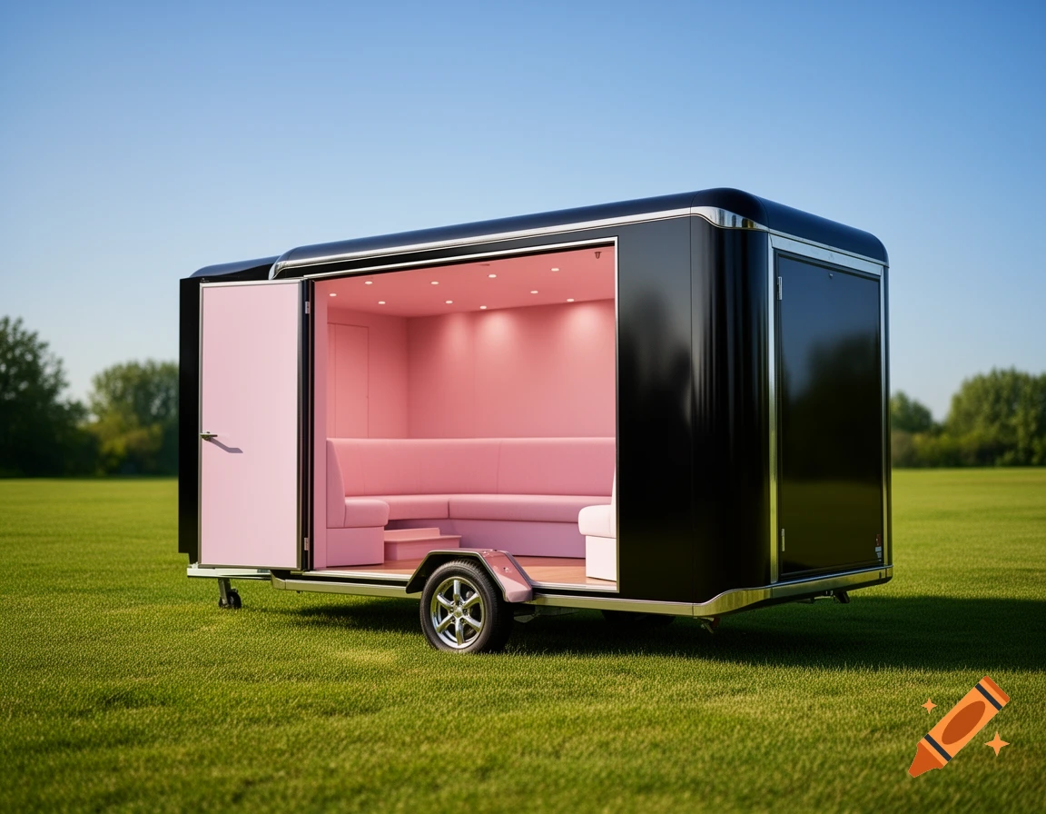 A shiny black trailer with an open pink lounge interior sits on a green field under a clear blue sky.